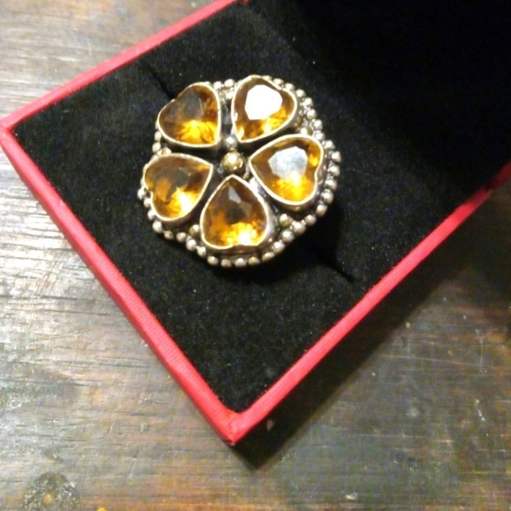 Amber stones925 Sterling Silver Flower Bohoish Ring.